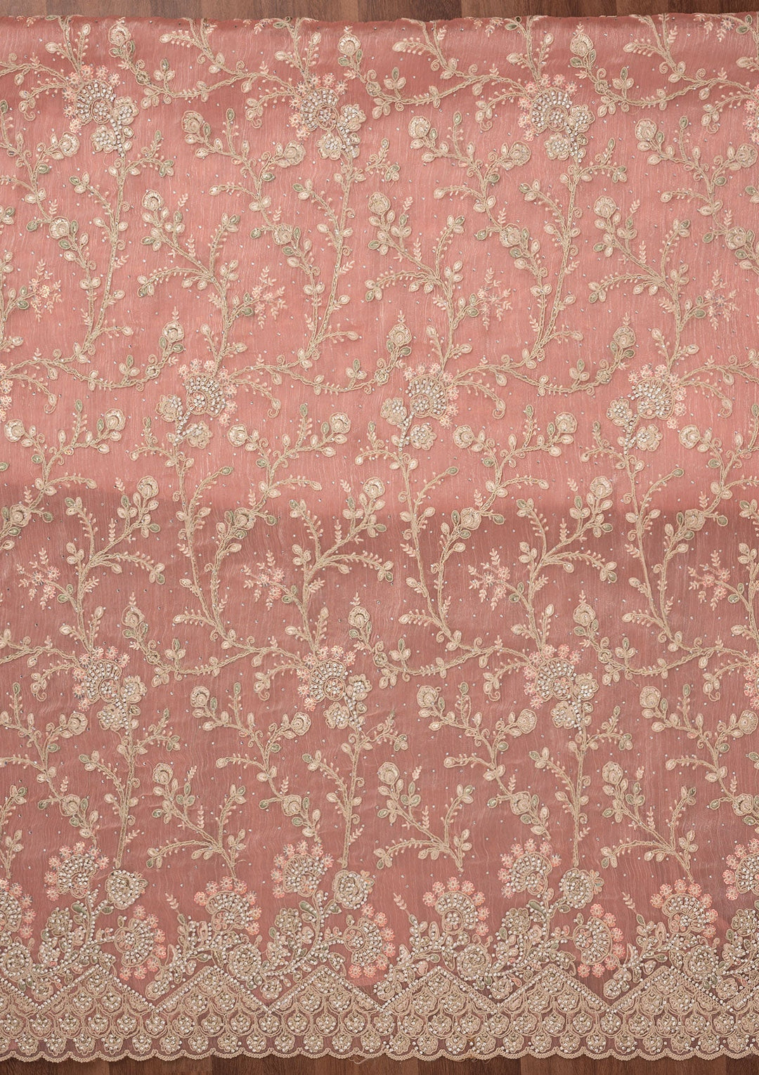 Peach Zariwork Semi Crepe Unstitched Salwar Suit-Koskii