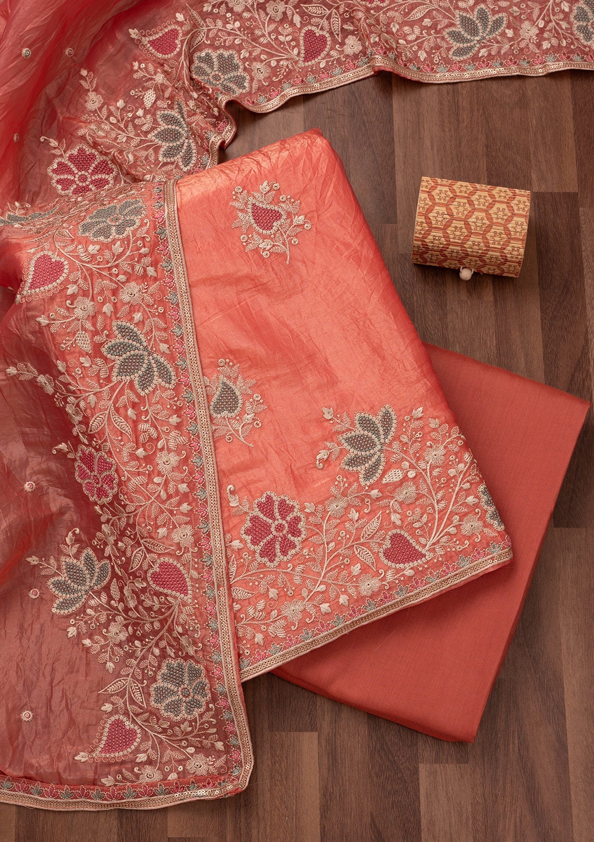 Peach Zariwork Semi Crepe Unstitched Salwar Suit-Koskii