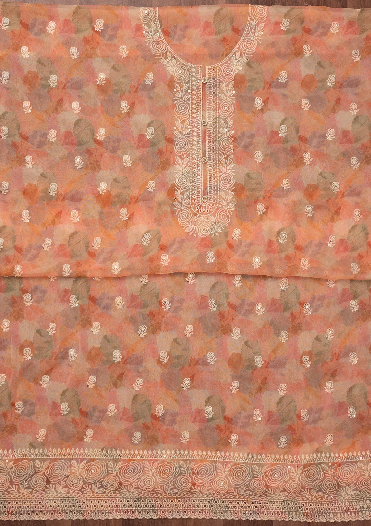 Peach Zariwork Semi Crepe Unstitched Salwar Suit-Koskii