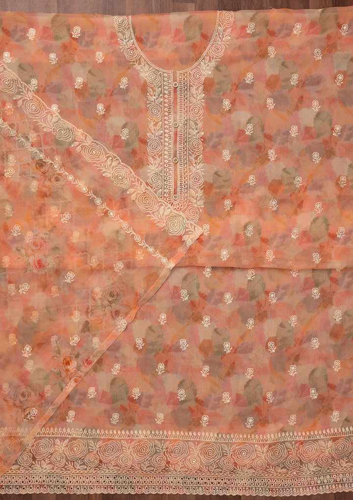 Peach Zariwork Semi Crepe Unstitched Salwar Suit-Koskii