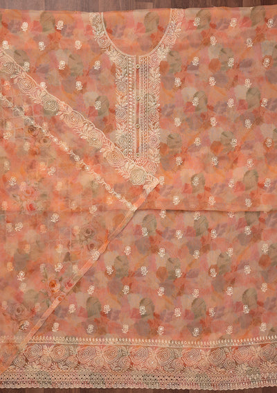 Peach Zariwork Semi Crepe Unstitched Salwar Suit-Koskii