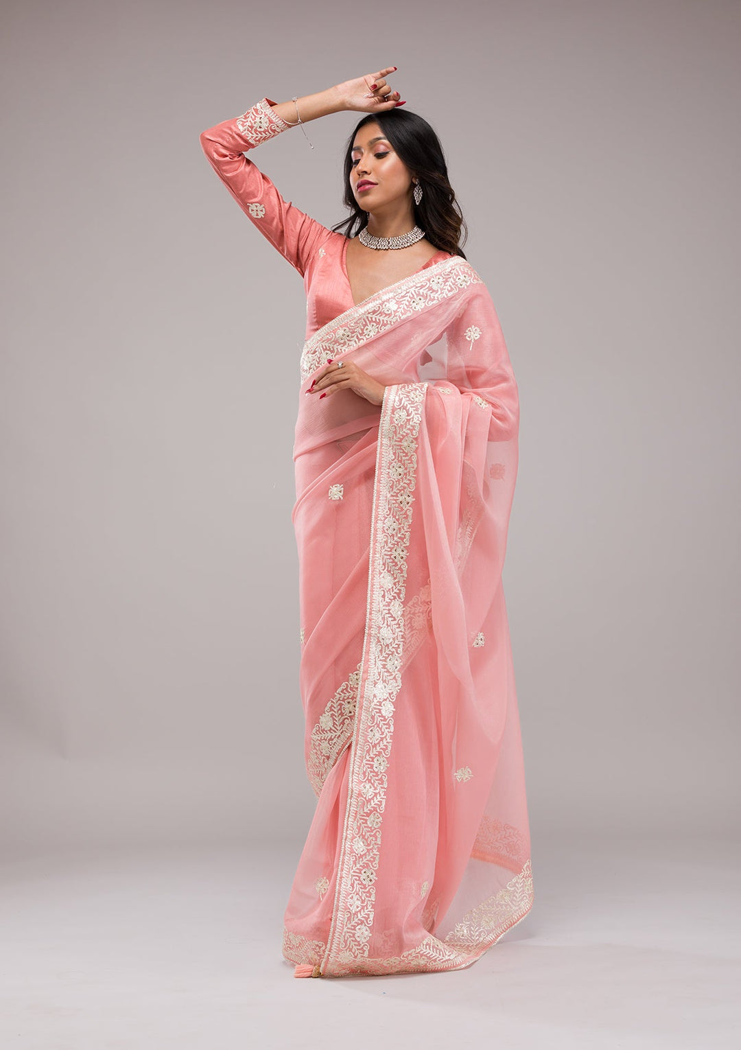 Peach Zariwork Semi Crepe Saree-Koskii