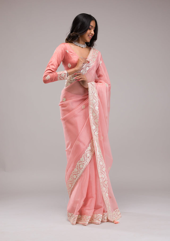 Peach Zariwork Semi Crepe Saree-Koskii