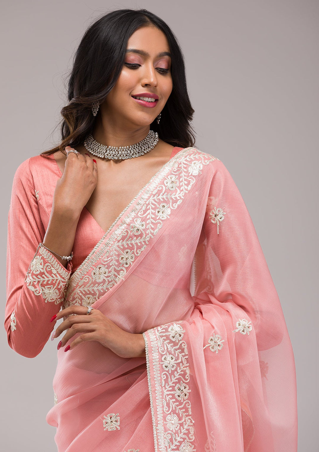 Peach Zariwork Semi Crepe Saree-Koskii