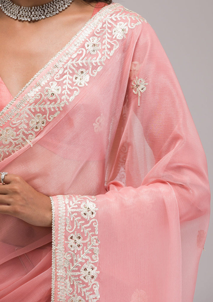 Peach Zariwork Semi Crepe Saree-Koskii