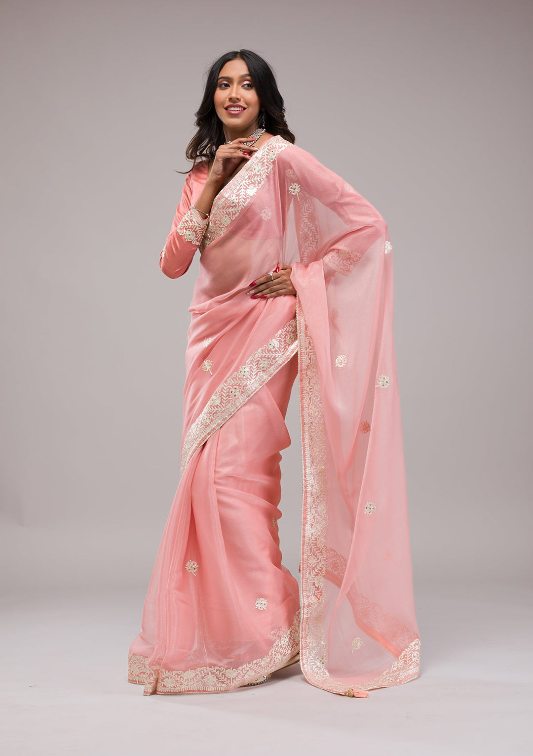 Peach Zariwork Semi Crepe Saree-Koskii