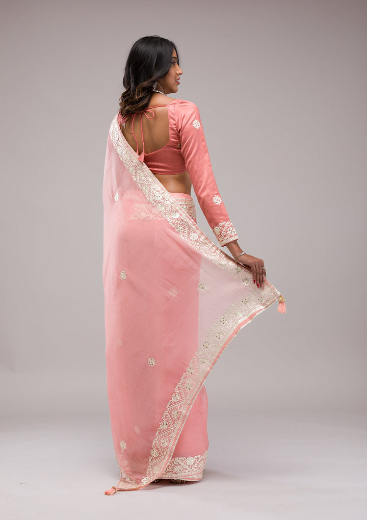 Peach Zariwork Semi Crepe Saree-Koskii