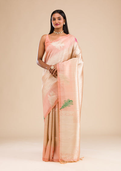 Peach Zariwork Soft Silk Saree-Koskii