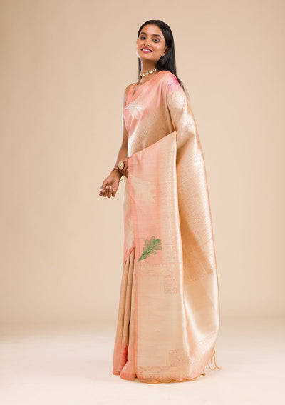 Peach Zariwork Soft Silk Saree-Koskii