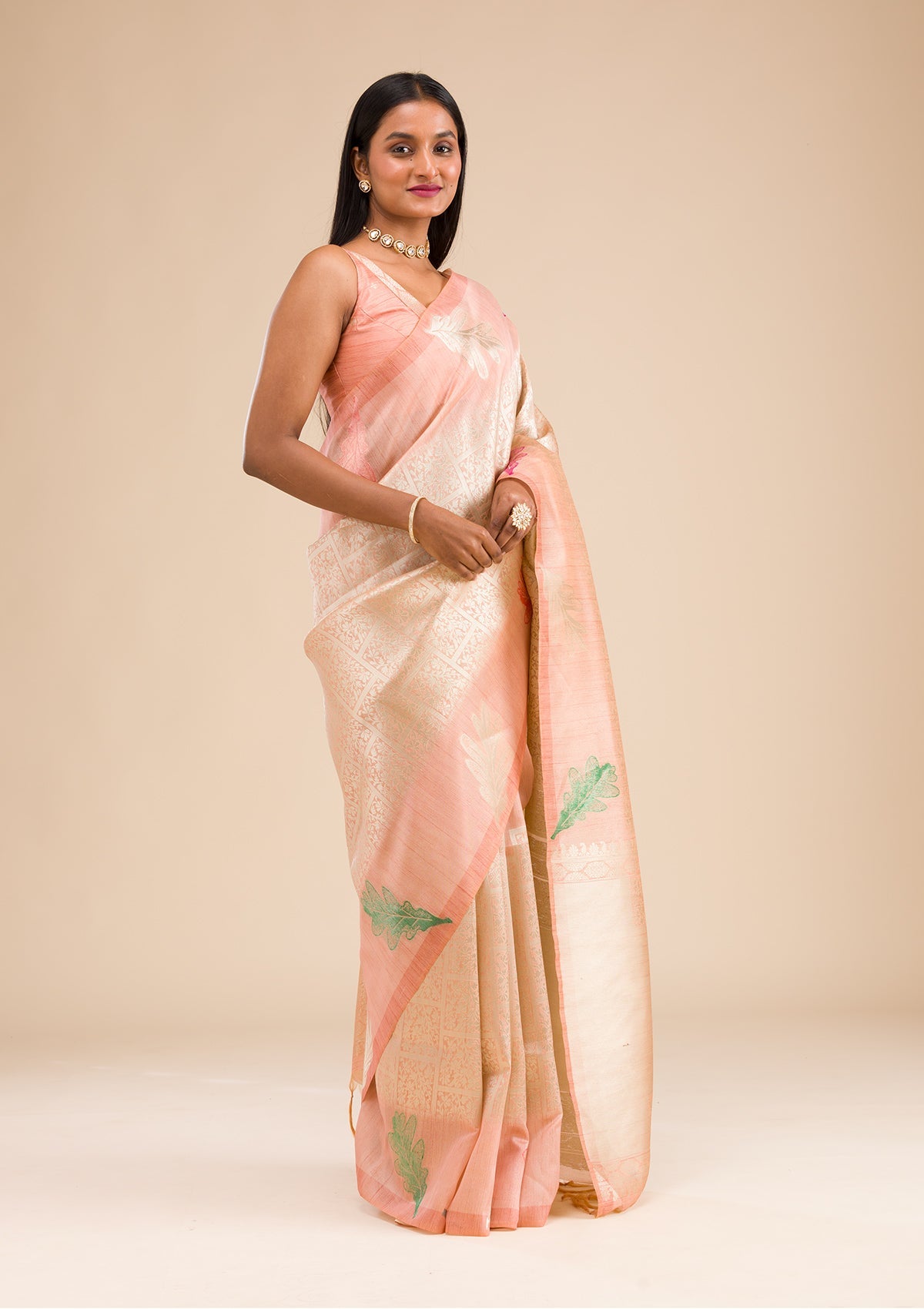 Peach Zariwork Soft Silk Saree-Koskii