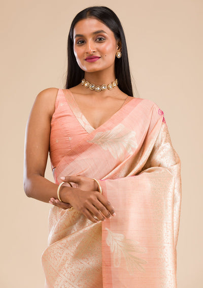 Peach Zariwork Soft Silk Saree-Koskii