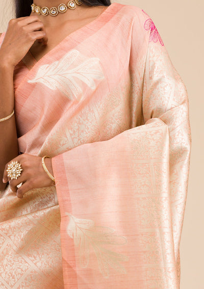 Peach Zariwork Soft Silk Saree-Koskii