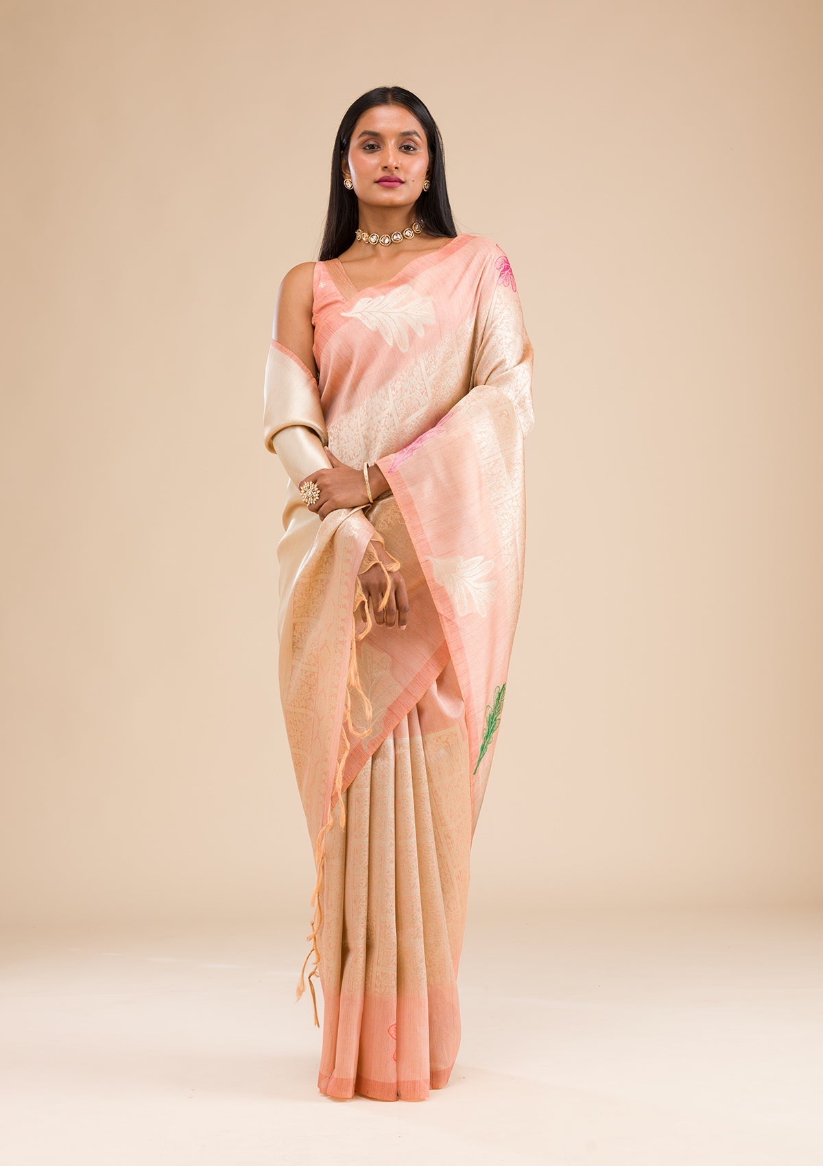 Peach Zariwork Soft Silk Saree-Koskii