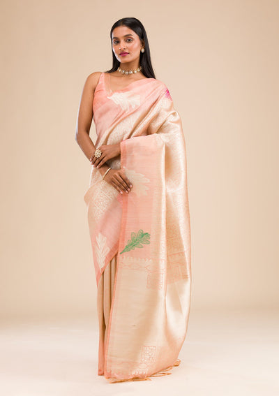 Peach Zariwork Soft Silk Saree-Koskii