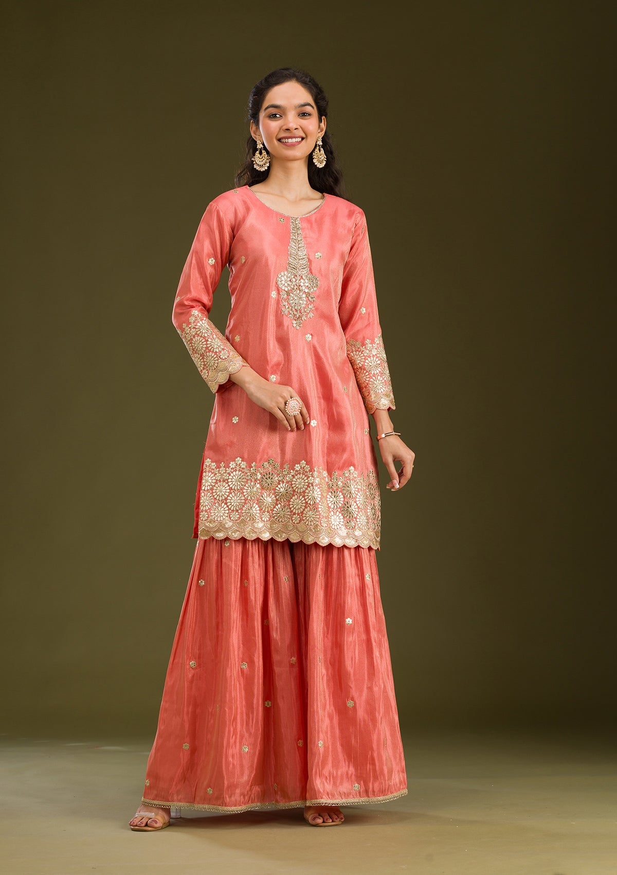 Peach Zariwork Tissue Readymade Salwar Suit