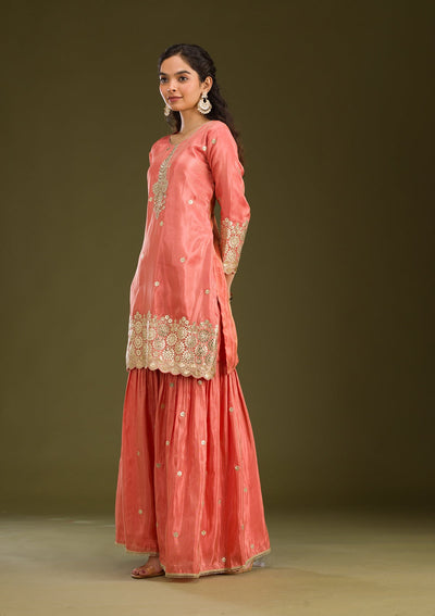 Peach Zariwork Tissue Readymade Salwar Suit