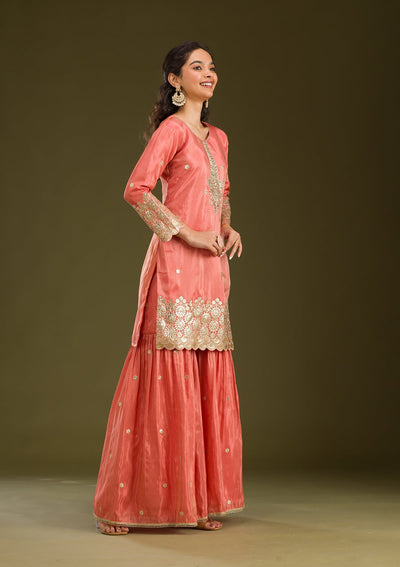 Peach Zariwork Tissue Readymade Salwar Suit