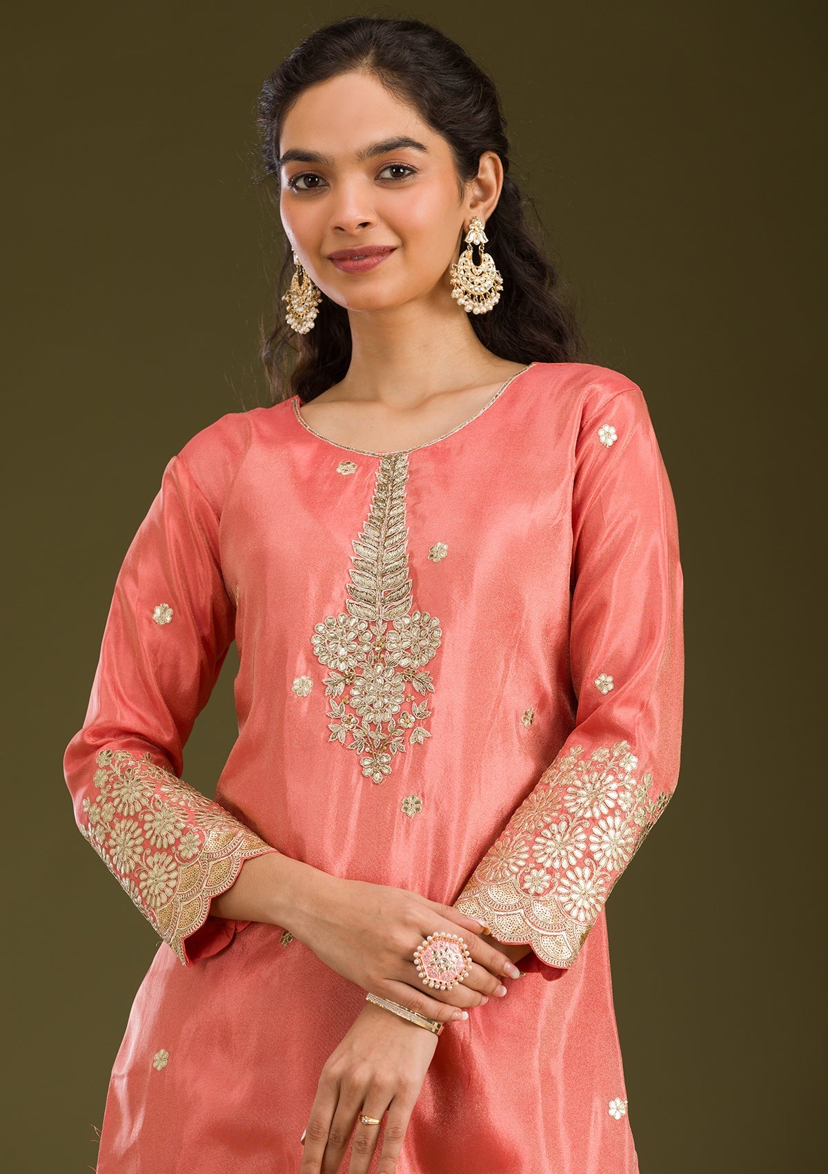 Peach Zariwork Tissue Readymade Salwar Suit