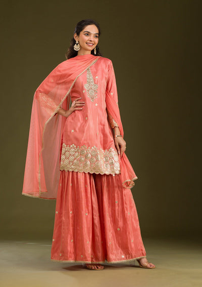 Peach Zariwork Tissue Readymade Salwar Suit-Koskii