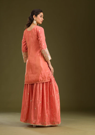 Peach Zariwork Tissue Readymade Salwar Suit-Koskii