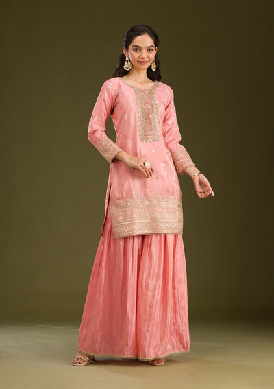 Peach Zariwork Tissue Readymade Salwar Suit