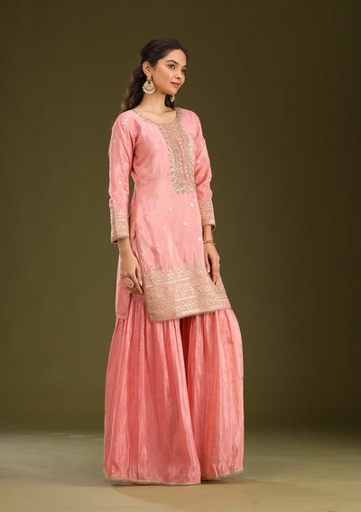 Peach Zariwork Tissue Readymade Salwar Suit