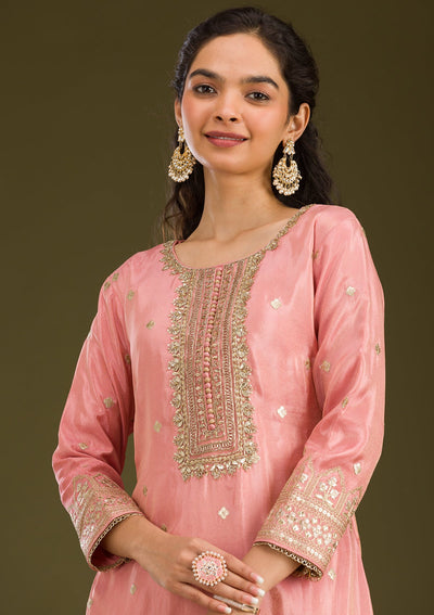 Peach Zariwork Tissue Readymade Salwar Suit