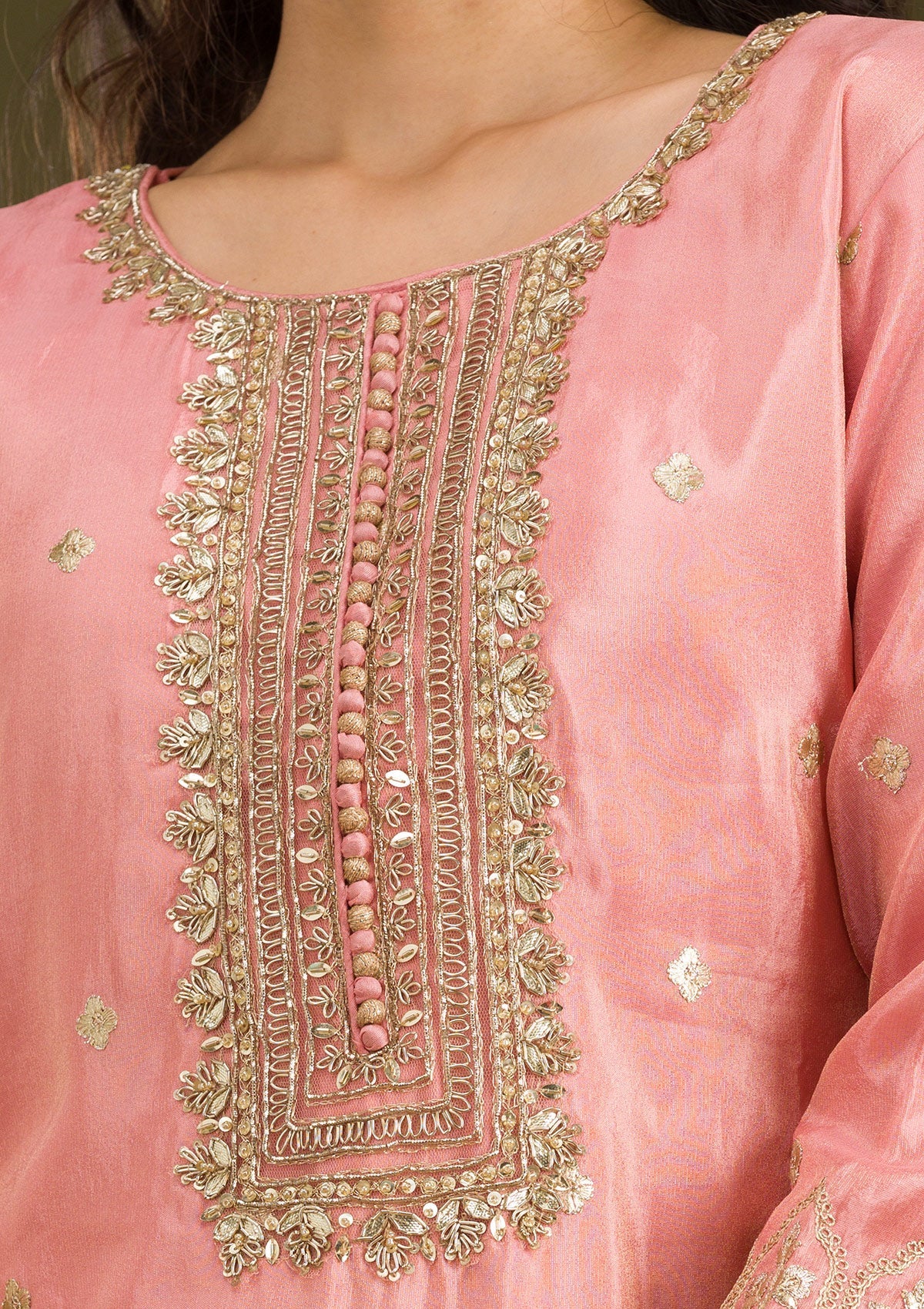 Peach Zariwork Tissue Readymade Salwar Suit