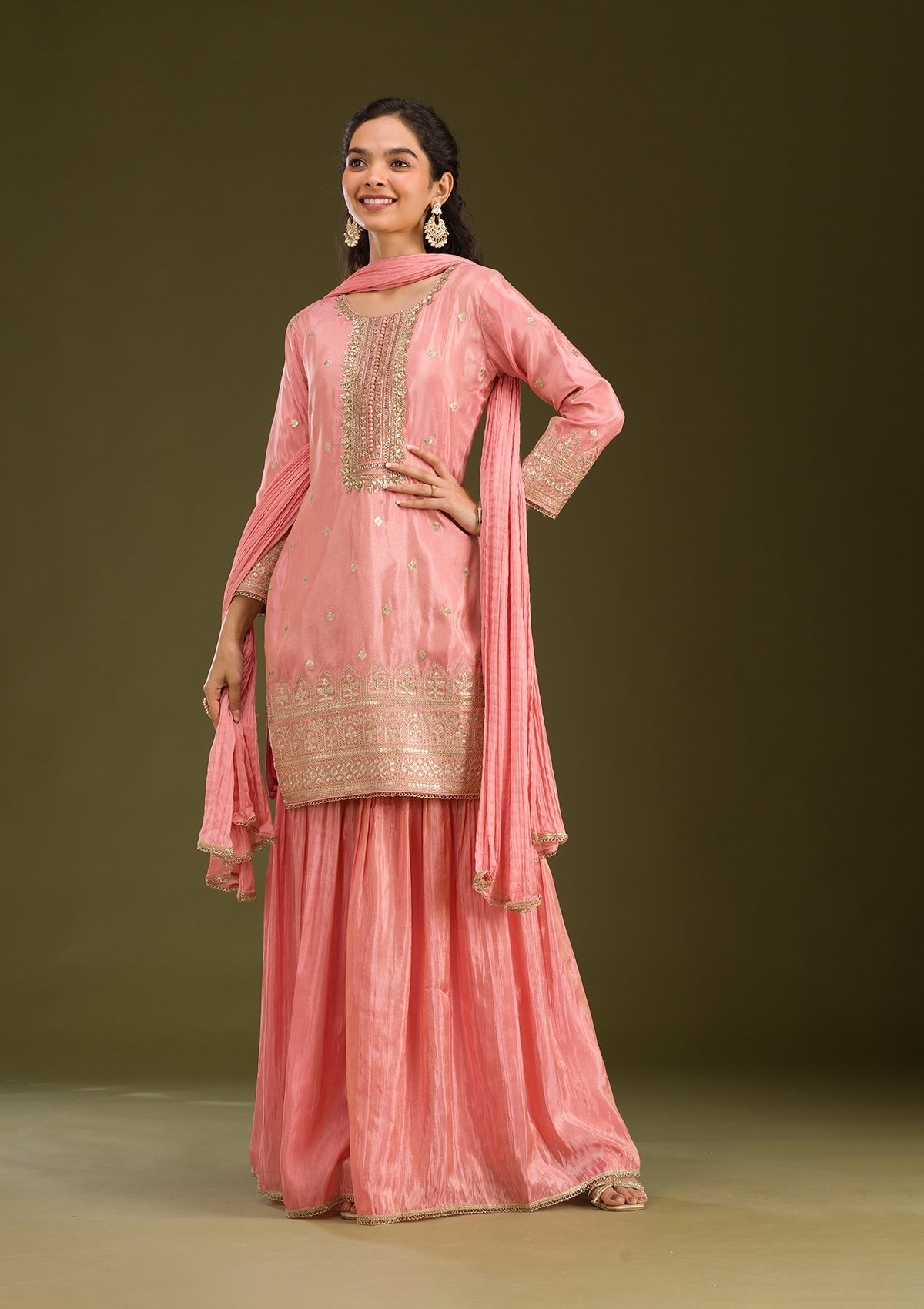 Peach Zariwork Tissue Readymade Salwar Suit