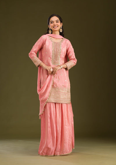 Peach Zariwork Tissue Readymade Salwar Suit