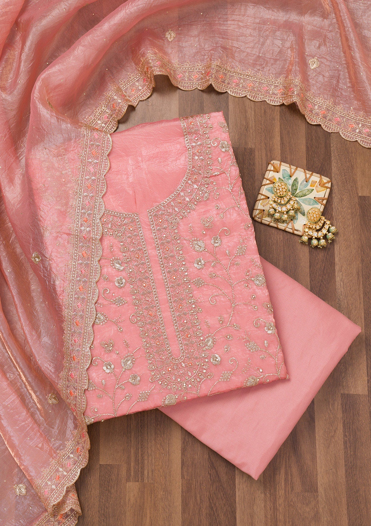 Peach Zariwork Tissue Unstitched Salwar Suit-Koskii