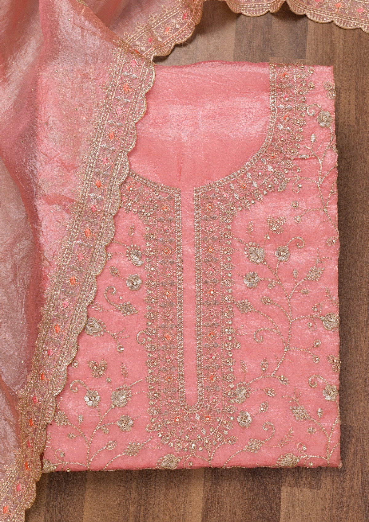 Peach Zariwork Tissue Unstitched Salwar Suit-Koskii