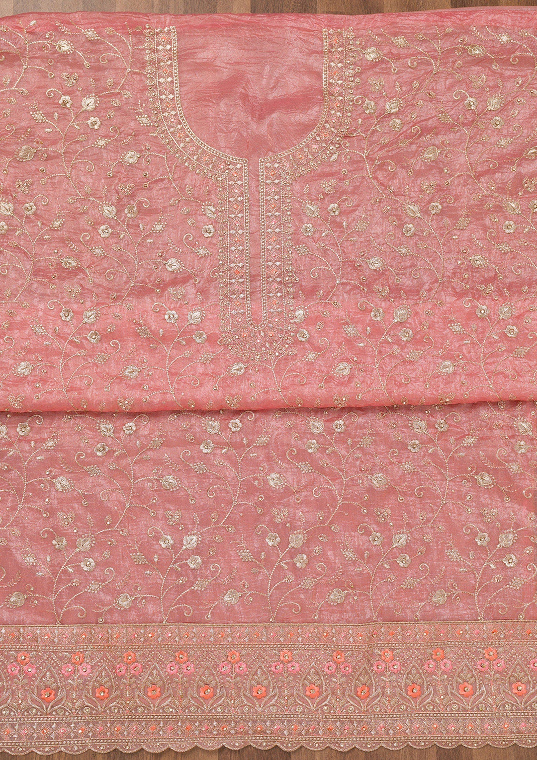 Peach Zariwork Tissue Unstitched Salwar Suit-Koskii