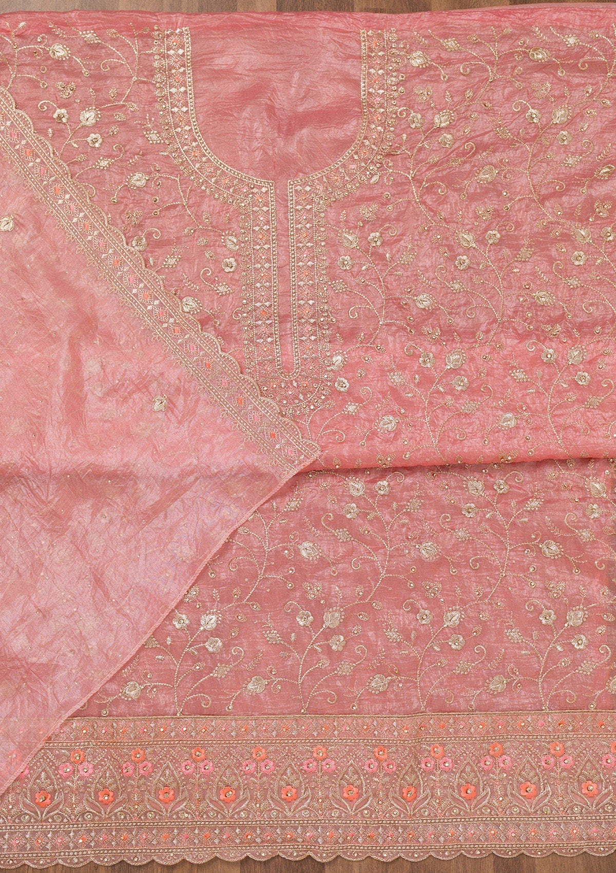 Peach Zariwork Tissue Unstitched Salwar Suit-Koskii