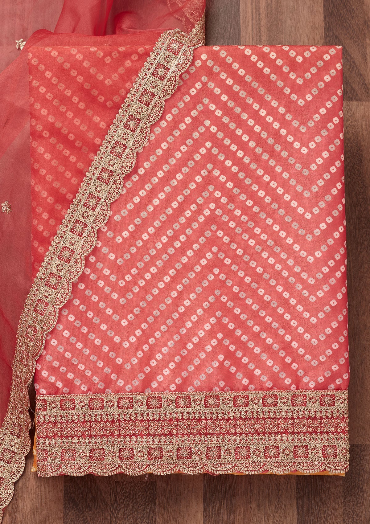Peach Zariwork Tissue Unstitched Salwar Suit-Koskii