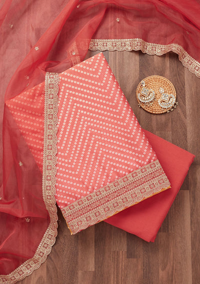 Peach Zariwork Tissue Unstitched Salwar Suit-Koskii