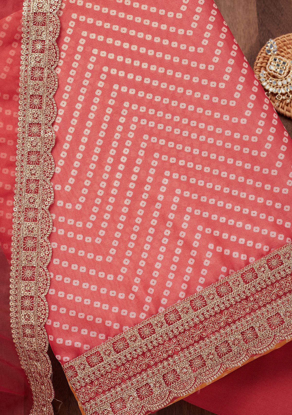 Peach Zariwork Tissue Unstitched Salwar Suit-Koskii