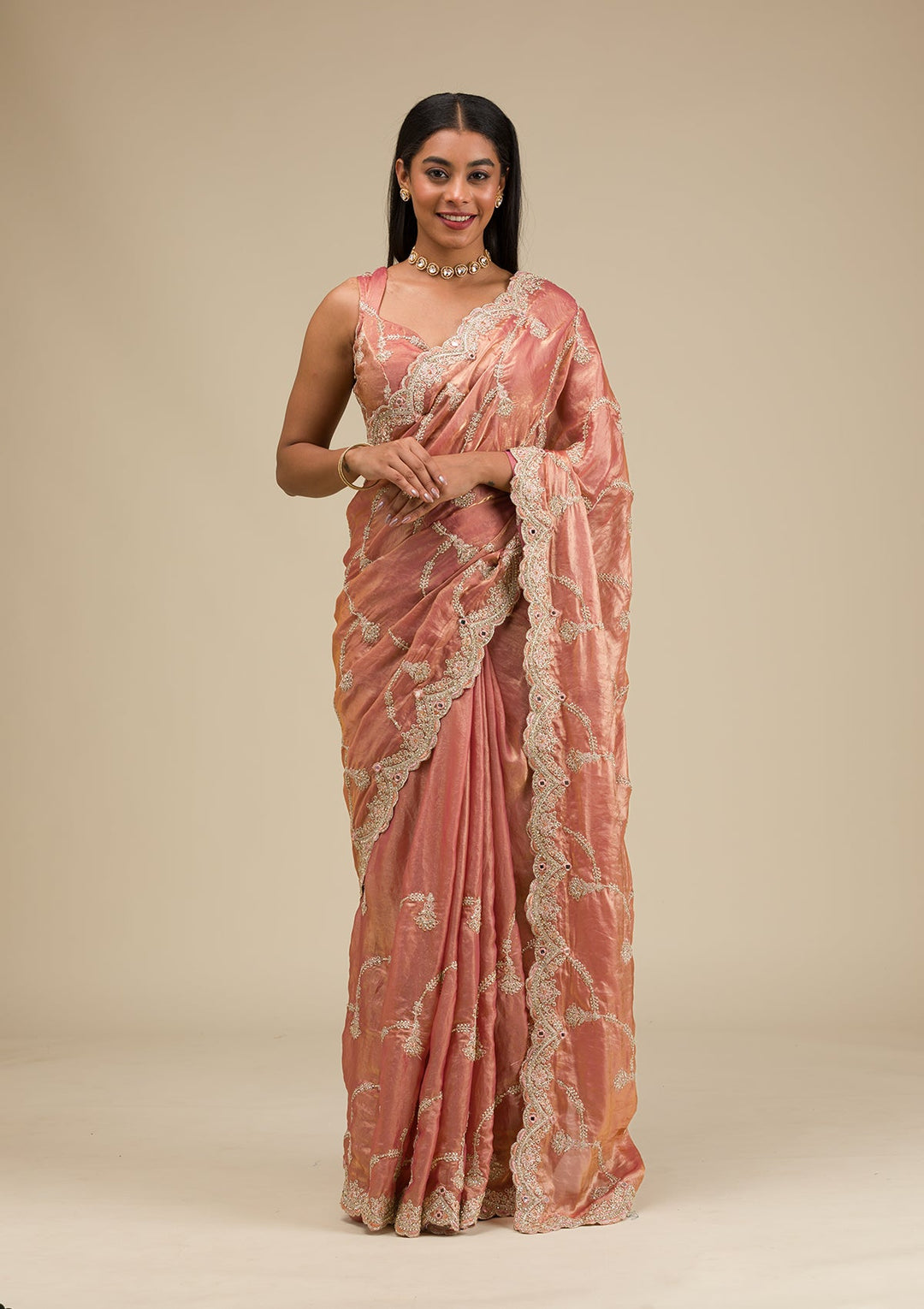 Peach Zariwork Tissue Saree-Koskii