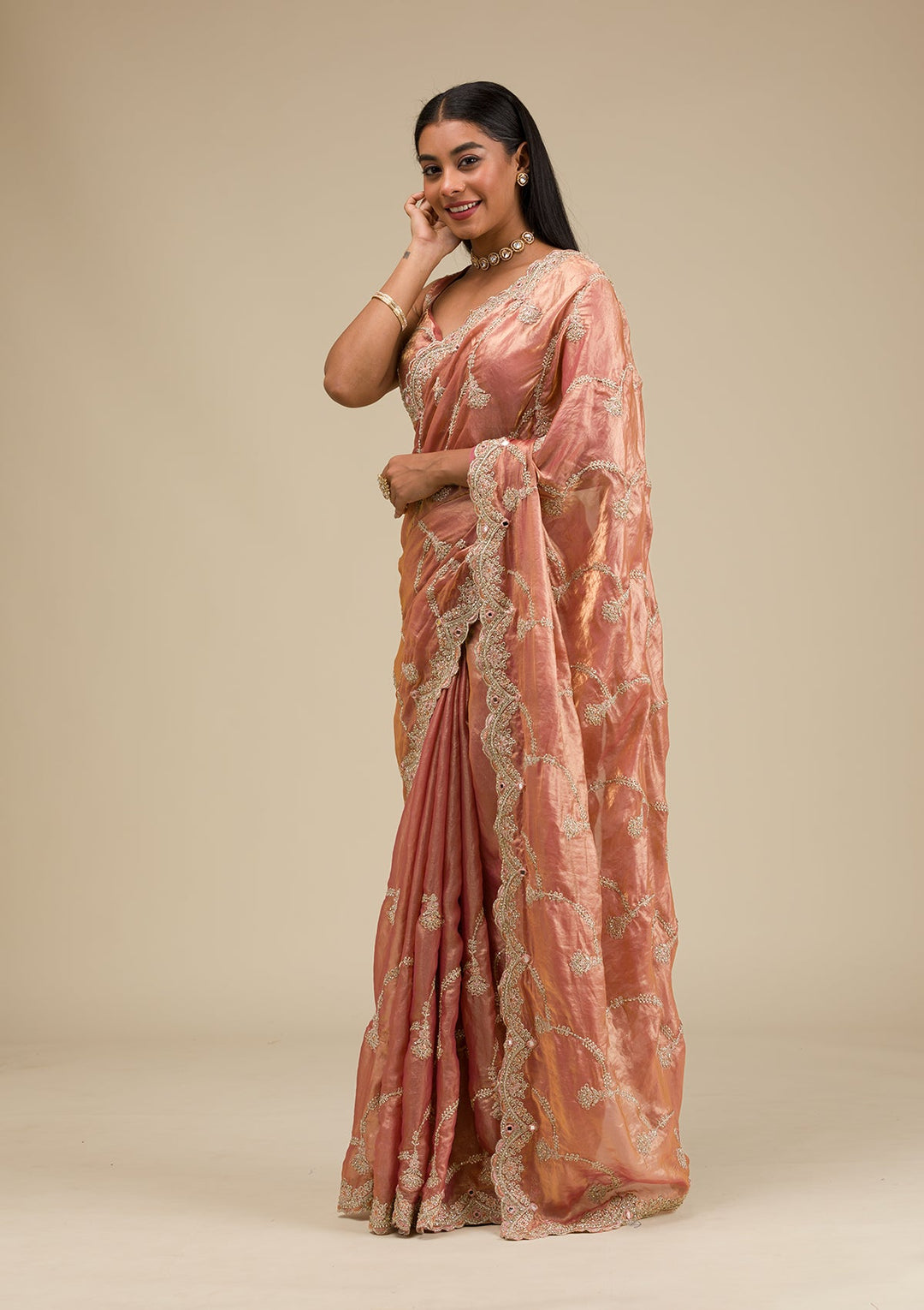 Peach Zariwork Tissue Saree-Koskii