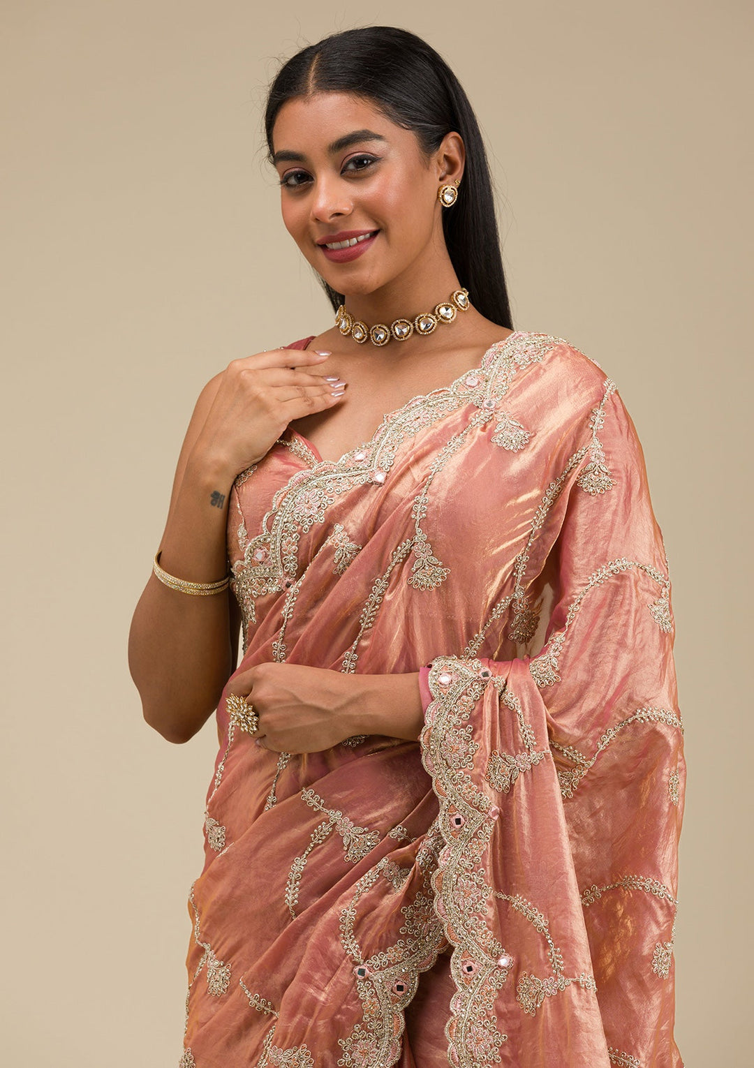 Peach Zariwork Tissue Saree-Koskii