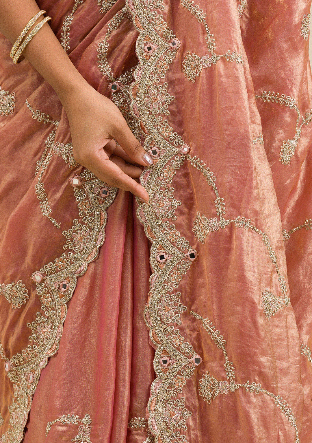 Peach Zariwork Tissue Saree-Koskii