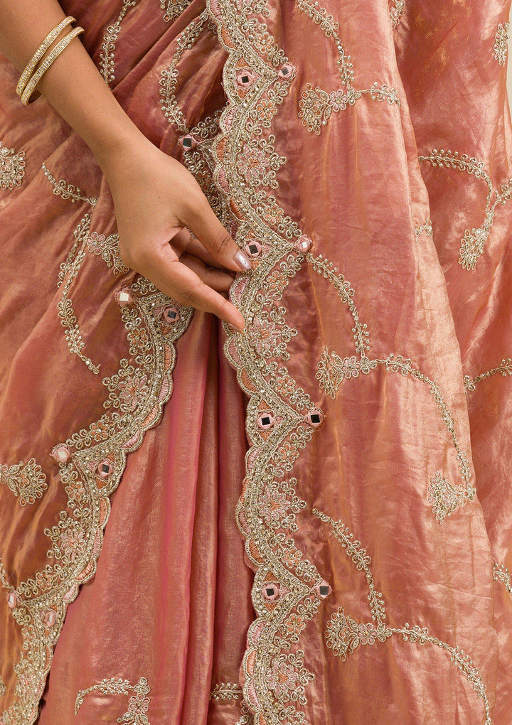Peach Zariwork Tissue Saree-Koskii