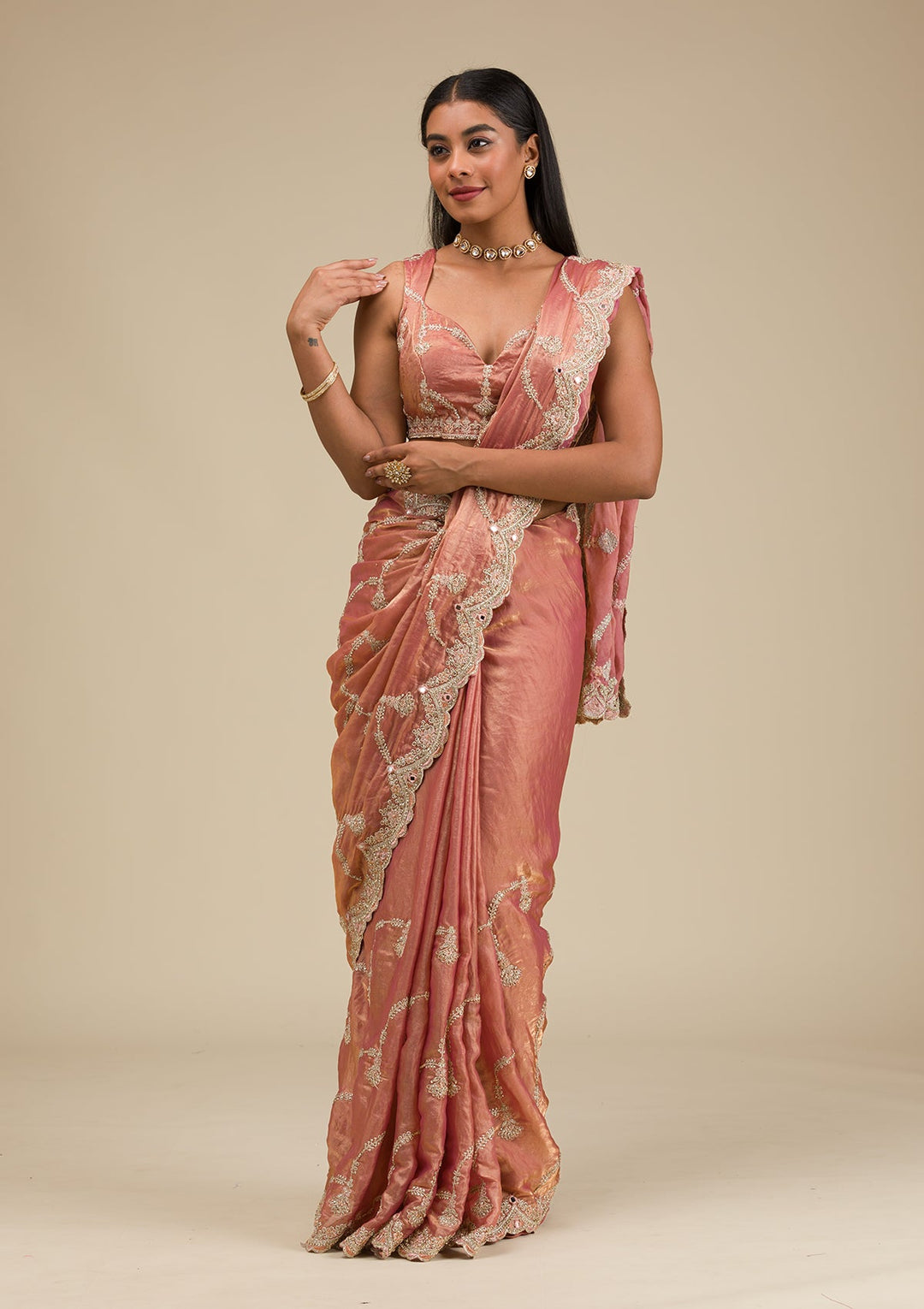 Peach Zariwork Tissue Saree-Koskii