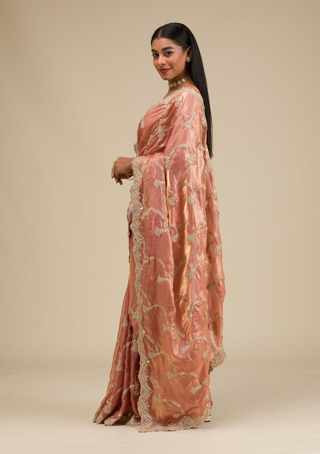 Peach Zariwork Tissue Saree-Koskii
