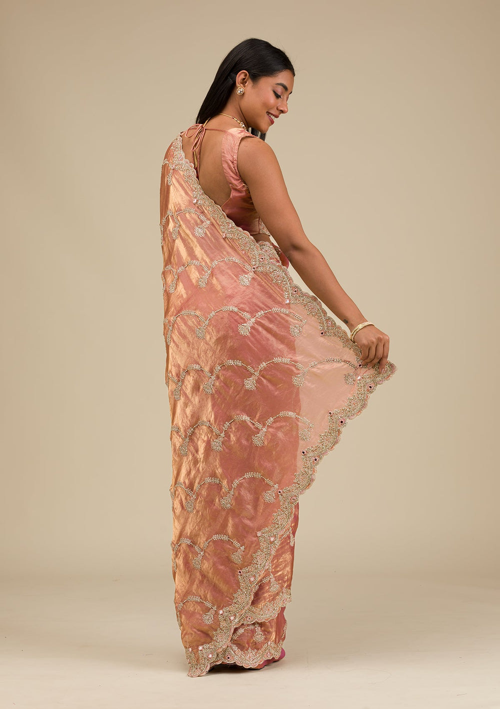 Peach Zariwork Tissue Saree-Koskii