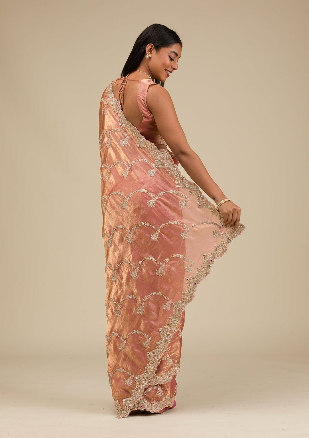 Peach Zariwork Tissue Saree-Koskii
