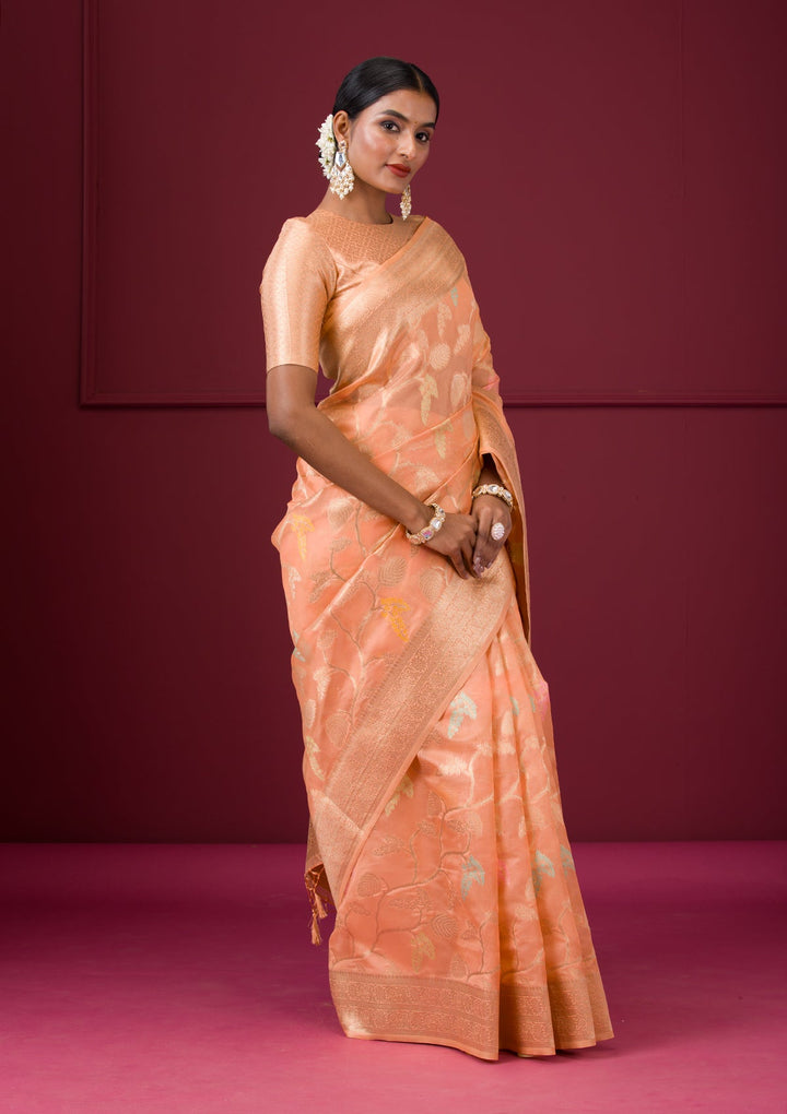 Peach Zariwork Tissue Saree-Koskii