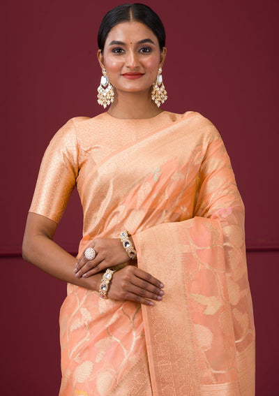 Peach Zariwork Tissue Saree-Koskii