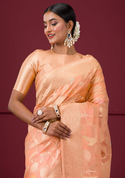 Peach Zariwork Tissue Saree-Koskii