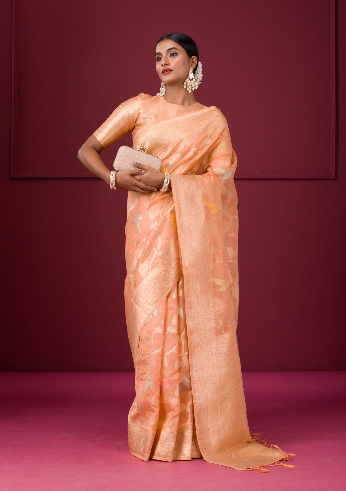 Peach Zariwork Tissue Saree-Koskii